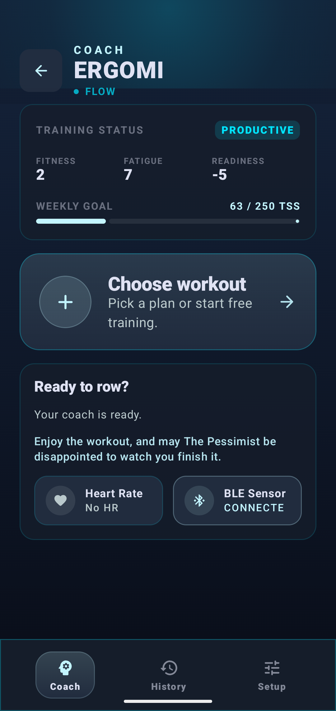 Ergomi dashboard with coaching and training status