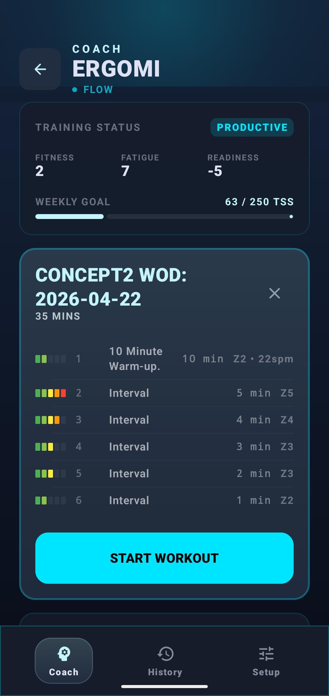 Selected Concept2 workout of the day screen