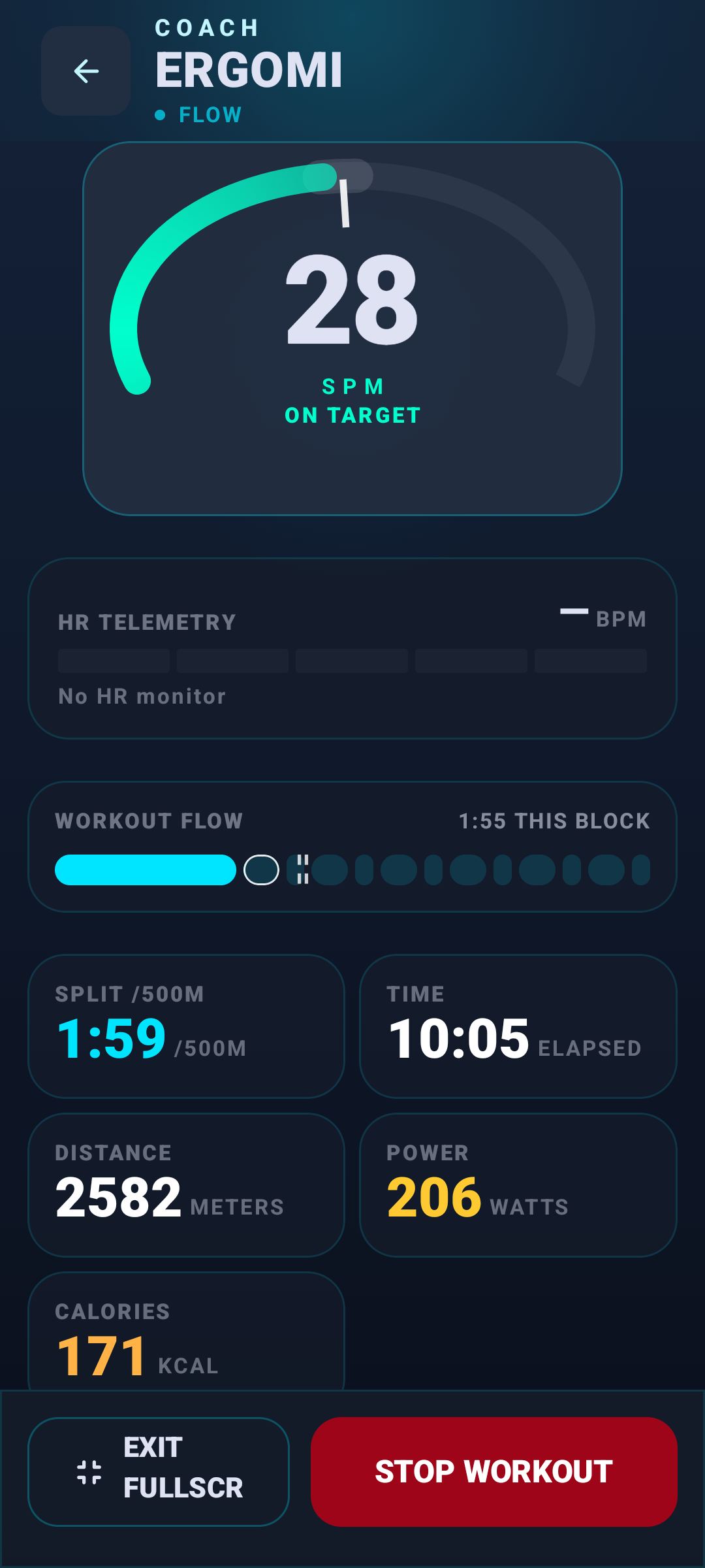 Stroke rate target feedback inside the workout HUD
